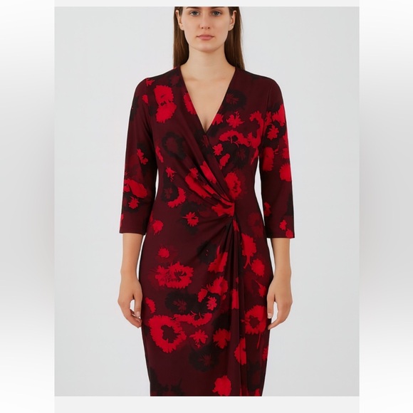 Anne Klein Dresses & Skirts - Anne Klein Red and Black Floral Long Sleeve Dress